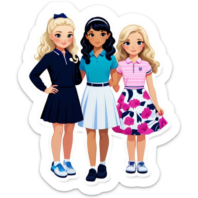  one  girl with shortish straight black hair and white skin with golf clothes on, one American girl with long curly dirty blond hair and a floral dress on. All three are teens. They are all friends sticker