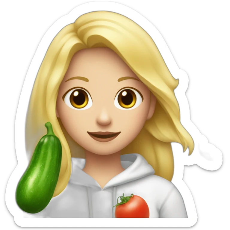 blonde girl  eating  cucumber and tomatoes with white hoodie iridescent and a crown princess sticker
