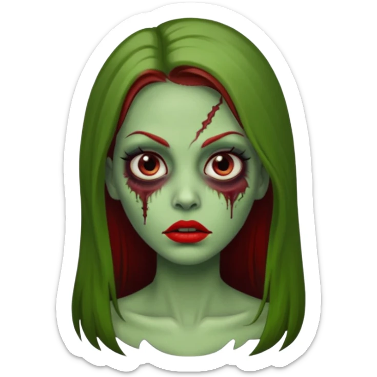 Zumbi feminino, de pele verde, cabelo longo liso e castanho. Labios vermelhos, rosto oval e cilios grandes sticker