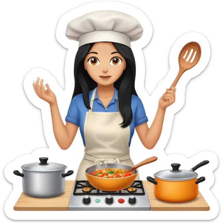cooking, black long hair tanned woman, casual clothing sticker