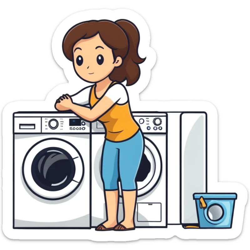 Caucasian woman with brown hair and huge boobs wearing a tank top kneeling next to washer and dryer sticker