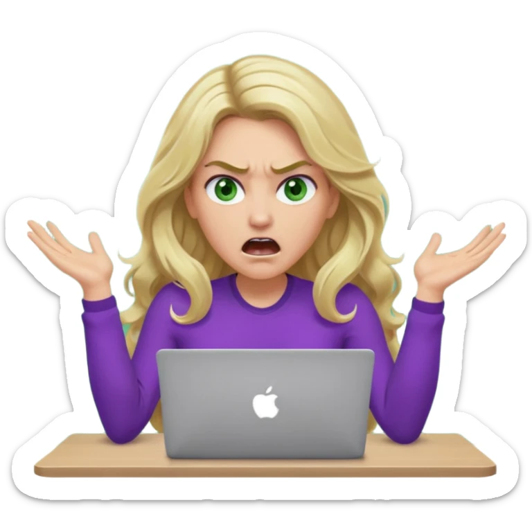 lady with long wavy blonde hair, purple top, green eyes, at desk with hands and face gesturing very angry and shouting, with a purple mac laptop  sticker