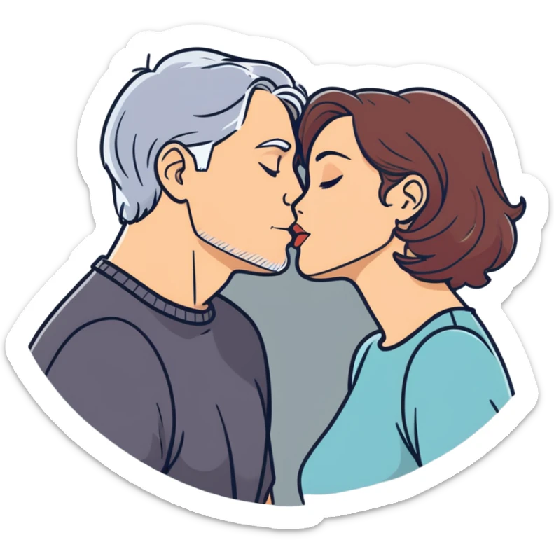 Couple kissing passionately man with gray hair and woman with auburn hair sticker