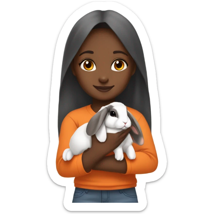 Black Muslim girl holding her cute orange, gray, and orange/black/white mix holland lop rabbits sticker