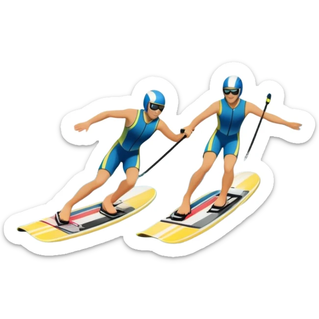 A humanless icon showing a close-up pair of water skis skimming across the surface of a lake in motion. The design includes a wake behind splashing water, and the sun reflecting on the water. Transparent background highlights the speed and thrill of water skiing. sticker