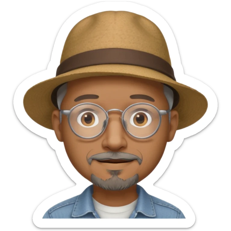 Brown man with wide rimmed hat no hair, gray goatee, clear glasses and slightly smiling sticker