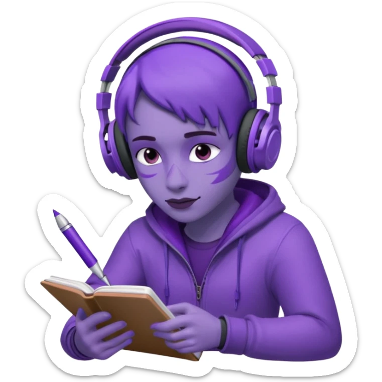 purple open written in journal with purple headphones on top sticker