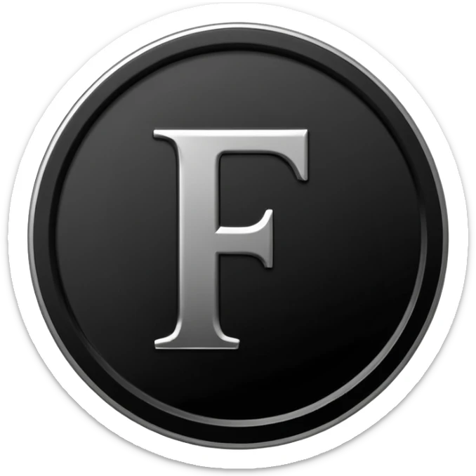 Emoji icon of a black coin with engraved letter F, minimalist style, isolated, no color sticker