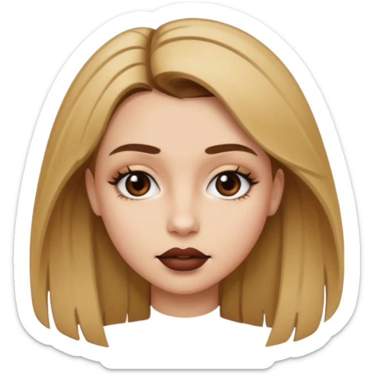 A girl with brown hair at the roots and then it’s blonde with really bad shaped eyebrows and a really bad brown lipstick  sticker