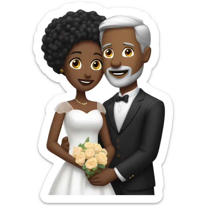 A white man with grey hair and with a goatee has just married, with a black woman with black hair and a brown complexion. They have a lot of money. they are hugged sticker