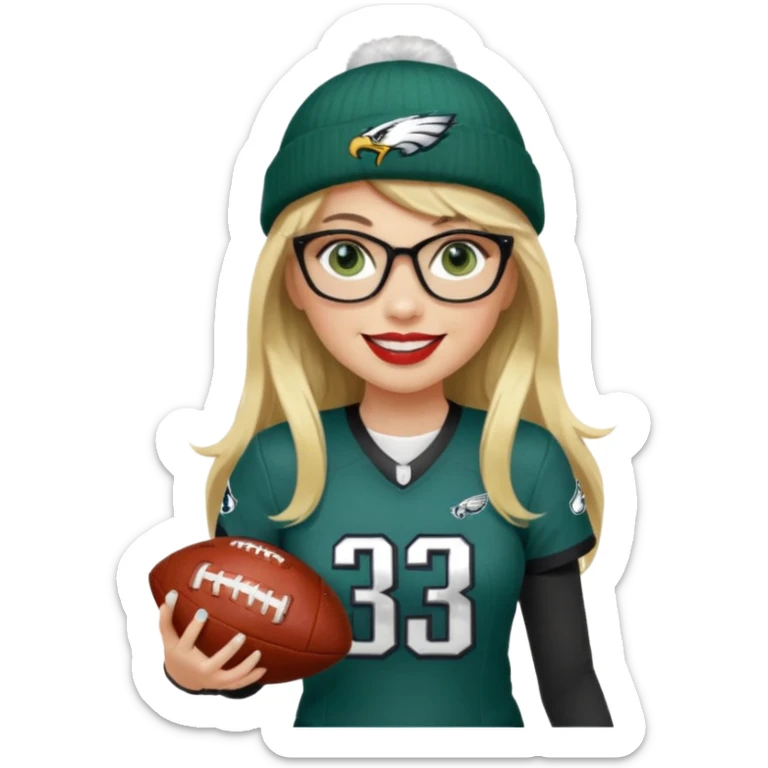 full length women wearing eagles uniform, long blonde hair, styled bangs, green eyes, black glasses, holding football, number 33, smiling, lipstick, eagles beanie sticker
