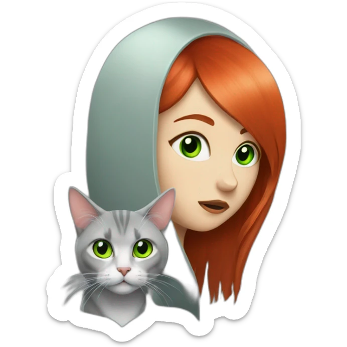 Girl with long straight red hair, sad and heavy metal with white and grey cat with green eyes over her head  sticker