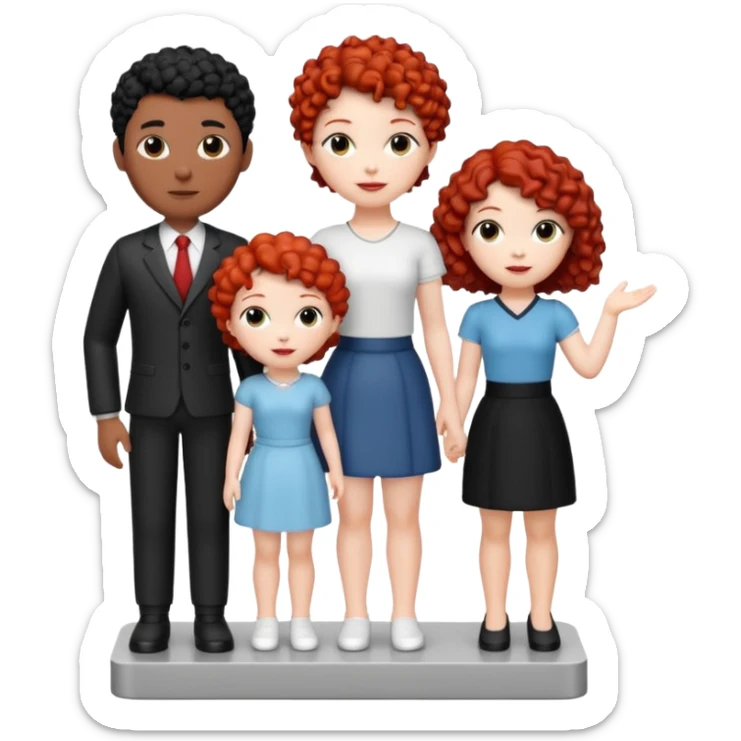 crie uma figurinha com uma família de três uma mulher branca de cabelo  cacheado curto vermelho um homem branco de cabelos preto e uma menina branca de cabelos cacheados preto sticker