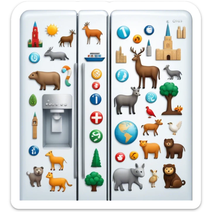 Icon for Magnet Collecting: a close-up of a fridge door covered with a variety of magnets, featuring cities, animals, and symbols. The icon should highlight the diversity and charm of magnet collections. Transparent background. sticker
