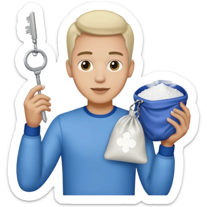 Gay man with a bag of powder and a key sticker