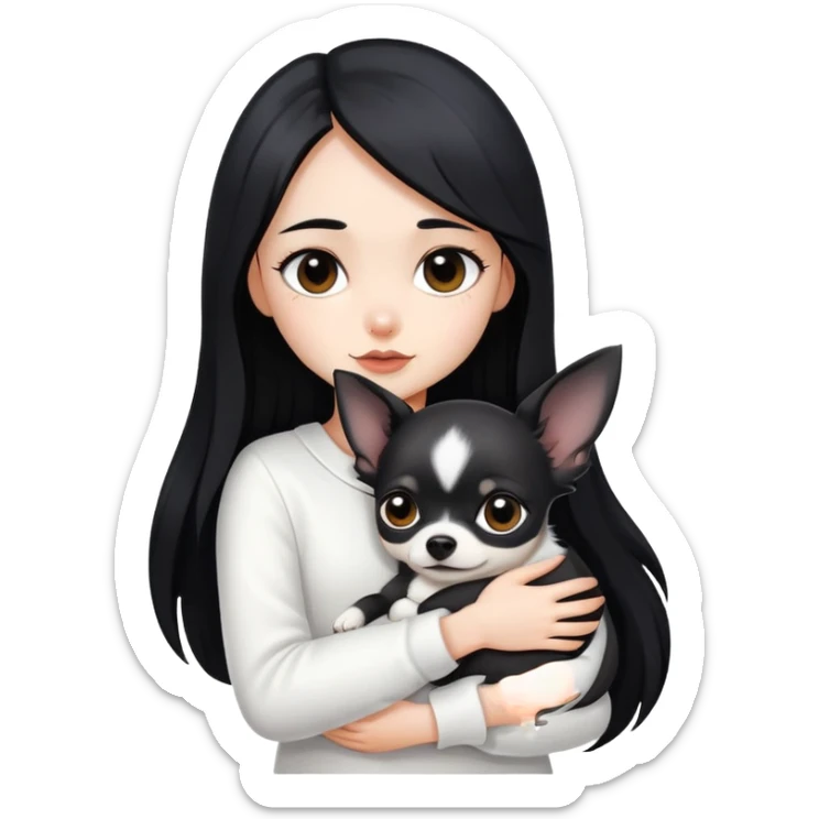 Fair skin girl - long black hair - white clothes - hugging a black chihuahua sticker