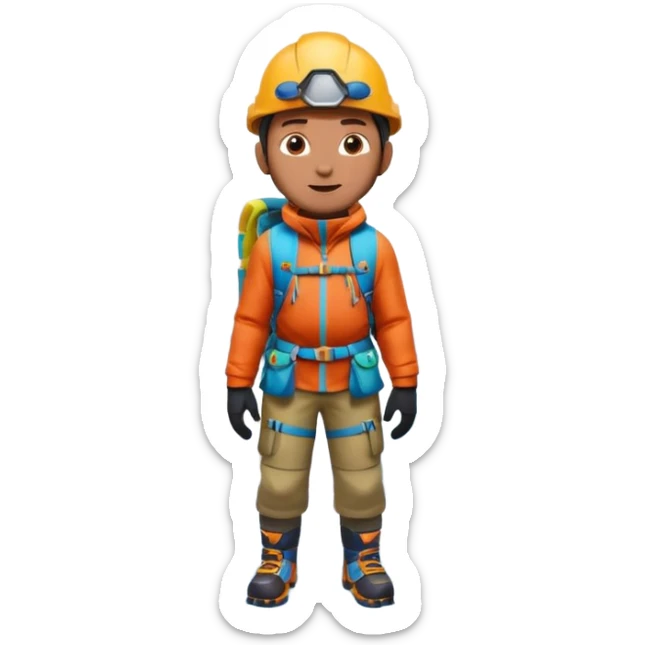 A 3D cartoon mountaineer standing on a snowy Everest-like summit with a flag, wearing colorful climbing gear, soft lighting, Memoji-style.negative : Flag sticker