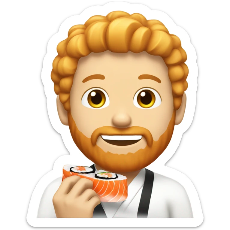 An emoji of a guy eating Sushi with a red beard and blond hair sticker