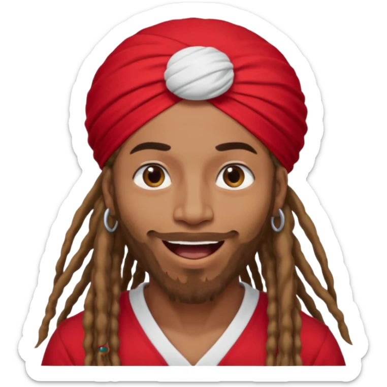 Brownskin man with long dreadlocks 
red t-shirt 
white turban 
in love eyes
his eyes mouth open  sticker