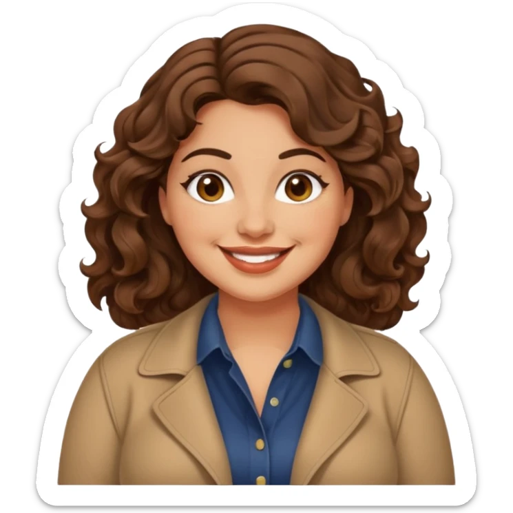 30 yr old italian woman, chubby, brown wavy hair, big brown eyes, huge smile, trendy clothes sticker