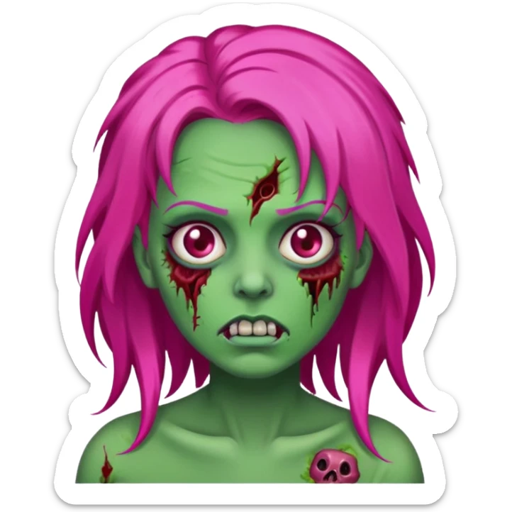 Create a zombie emoji in the style of an iPhone emoji, longo Hot pink hair sticker