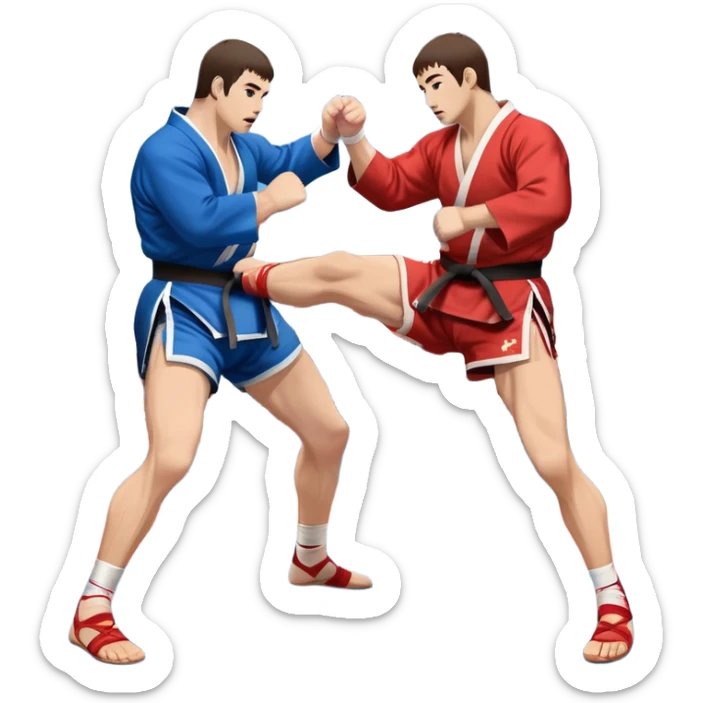 Two Sambo fighters in blue and red kimonos, with shorts and wrestling shoes, performing grappling and throwing techniques. The background shows a wrestling mat and an intense, focused atmosphere. Transparent background highlights the fluidity and skill of the sport without strikes. sticker
