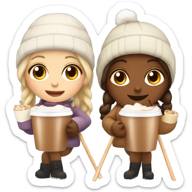 Two girls one beige skin one tanned and they are skiing with hot chocolates  sticker