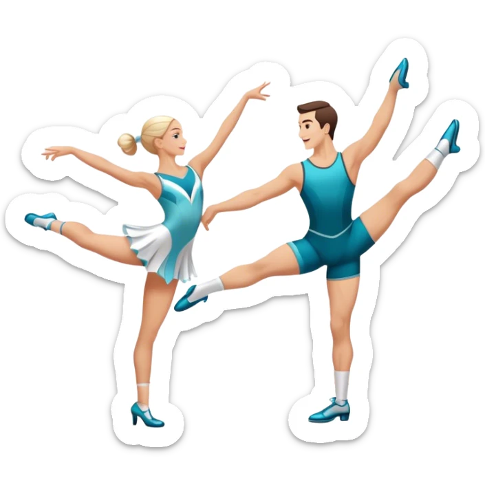 Icon for Sports Dance: a white men and women in competitive attire performing a synchronized dance with acrobatic moves, dance shoes, a rhythmic floor, and a competition backdrop. The icon should capture athleticism, technique, and acrobatic precision. Transparent background. sticker