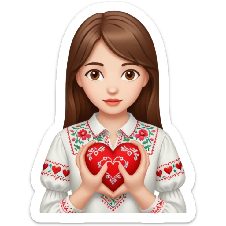 Beautiful young girl with brown hair in a white Ukrainian embroidered shirt holding a large embroidered heart sticker
