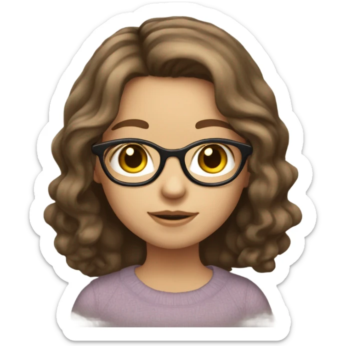 girl with brown slightly wavy hair, kinda like a subtle blowout, glasses that have a very thin metal frame, round but kinda cat shaped, brown eyes, fair skin sticker