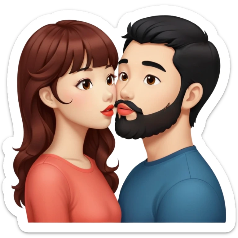 handsome asian man with black hair and beard, kissing cute tan skin woman with long wavy reddish brown hair with bangs and coral lipstick sticker