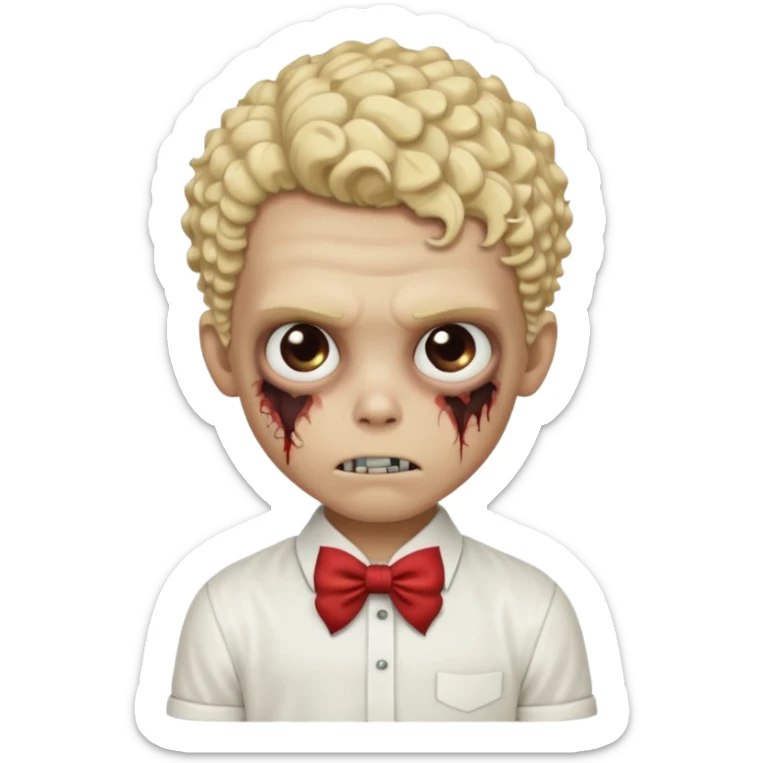 Blonde zombie boy with a white shirt with a bow in his curly hair sticker