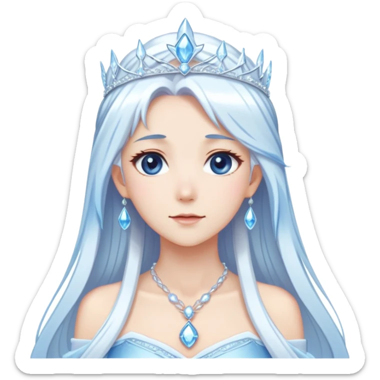 Shiny cute mature Beautiful anime ice queen with white long pretty hair with light-blue streaks, wearing an icy thin long dress and a silver tiara, necklace,  sticker