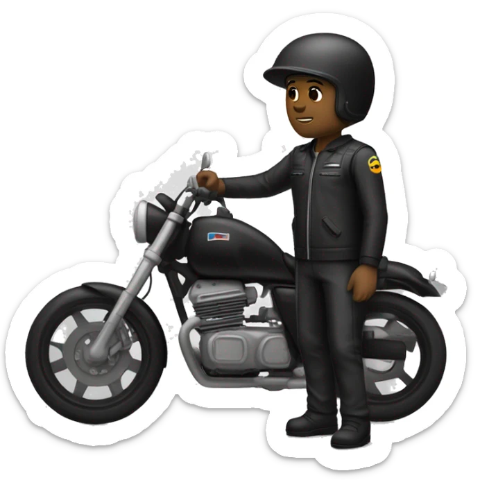Un motorista e moto custom negra con ropa negra con casco negro y un sieste blanco en  l casco sticker