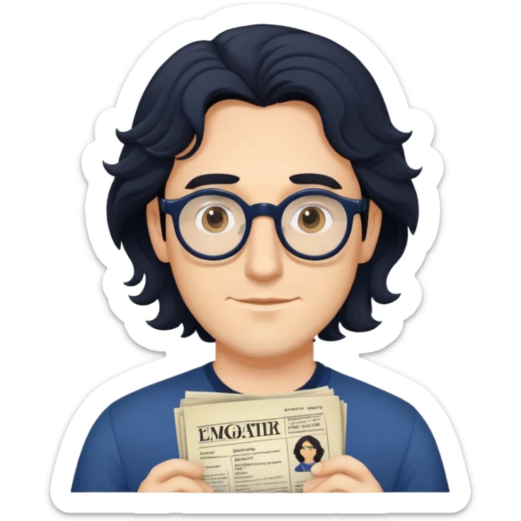 Young caucasian man with longer wavy black hair, round glasses, dark blue shirt, with theater playbill in hand sticker