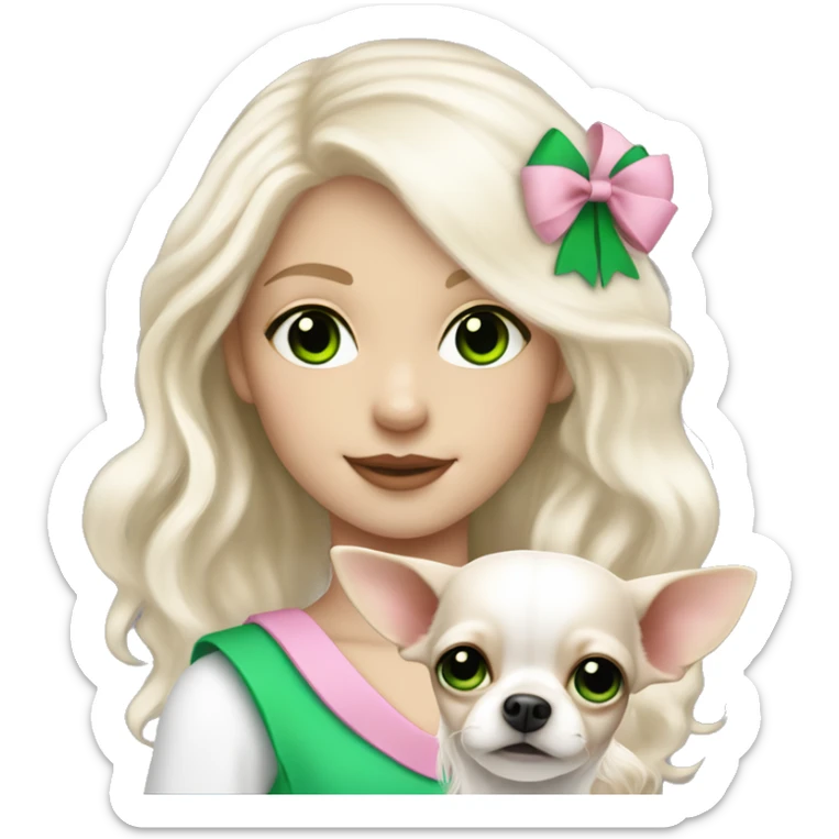 pale blond girl with wavy long platinum white hair with bright green eyes holding a white chihuahua that wearing a pink bow sticker