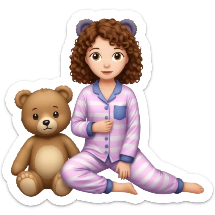 Grown up Woman with brown eyes, brown curly hair, white skin, full body in cute pijama bear sticker