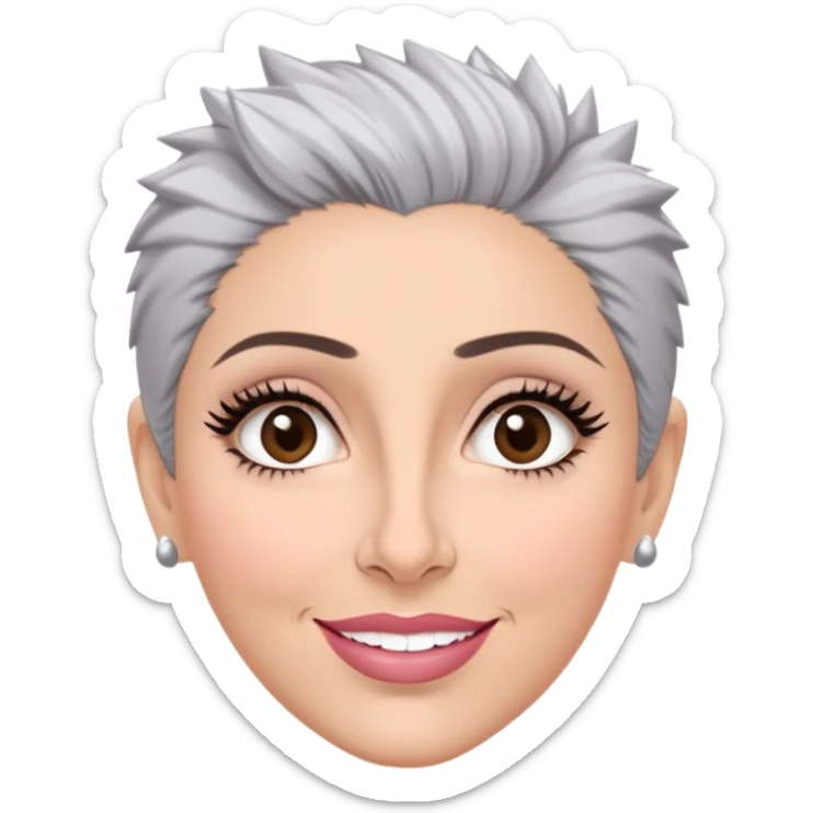 Puerto Rican actress Marian Pabón with elongated face, light pinkish skin, almond-shaped expressive eyes, straight nose, well-defined lips with wide smile, arched eyebrows, pronounced cheekbones, short spiky gray hair like a man's cut sticker