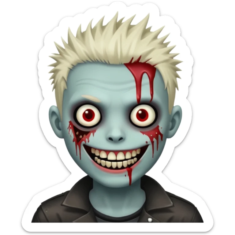 zombie boy withemo spiky hair, white skin, and white eyes; an open smile, and bloodied teeth; sticker
