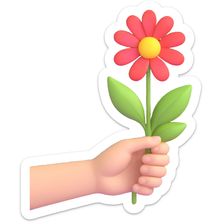 3D icon of a hand holding a flower, symbolizing beauty and selfcare, soft colors, gentle lighting sticker