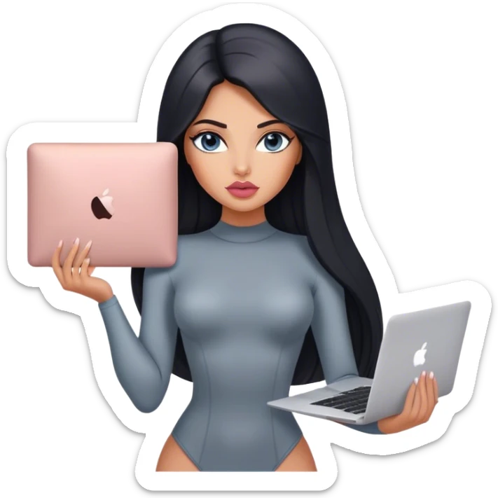 Glamours, tanned, very beautiful girl, with big pump peach-beige-rose lips, black straight smooth silky long hair, straight parting, blue-grey eyes, in bodysuit holding MacBook sticker