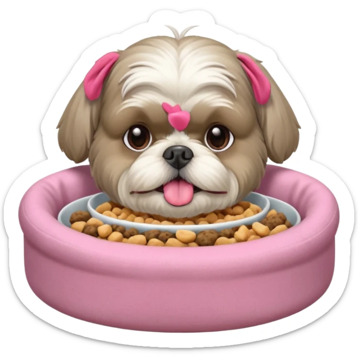 old ALL grey shih tzu in pink dog bed tongue hanging out with a bowl of food sticker