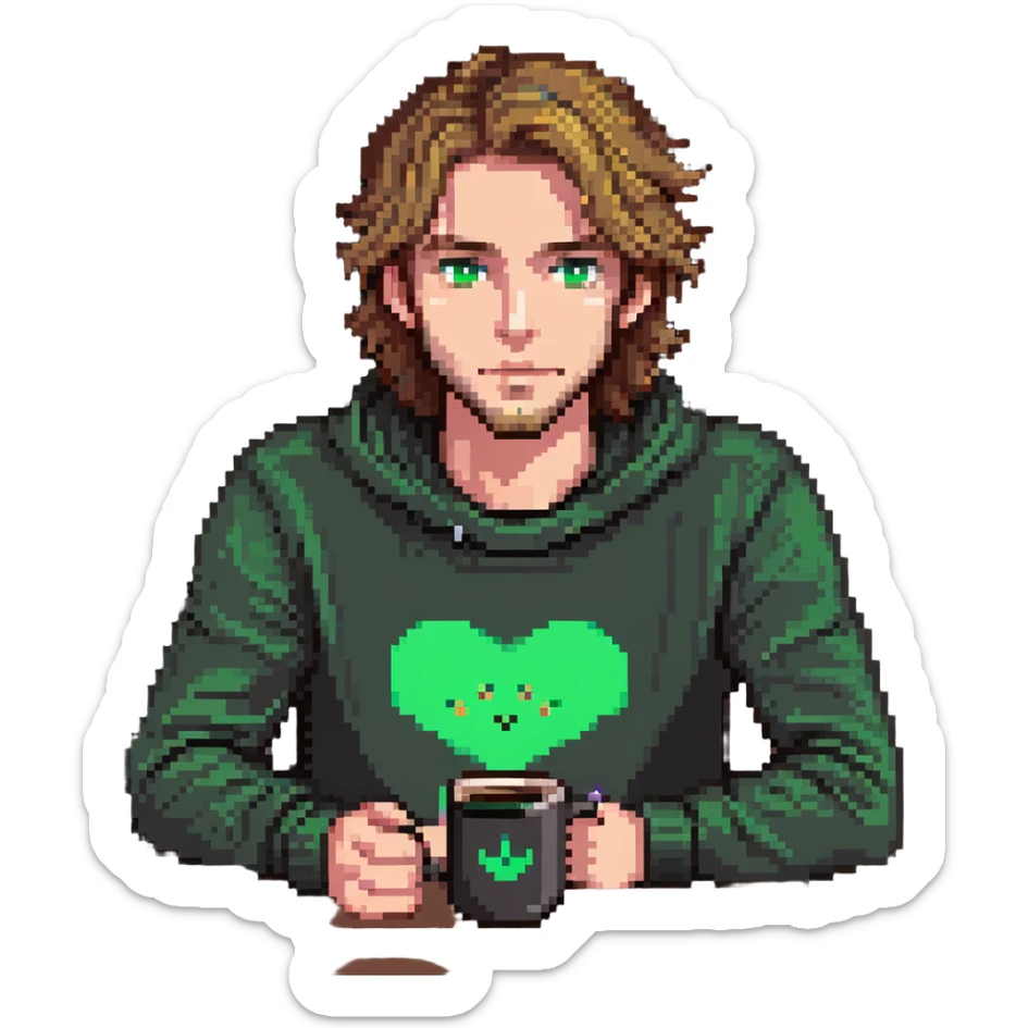 man with light brown hair and green eyes sitting at a desk with a laptop, coffee mug nearby sticker