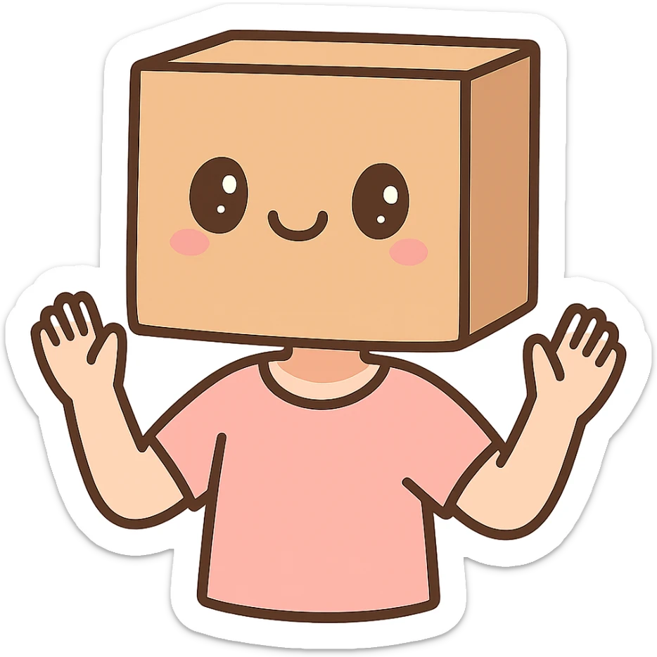 a person with a cardboard box on their head, the box has a cute smile, playful and lighthearted style sticker