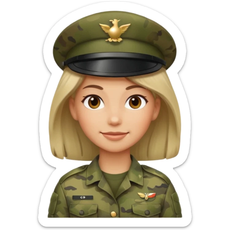 Female soldier emoji in Apple style, no cap/helmet, bust portrait, gentle smile, generic camo, hair visible, soft gradients sticker