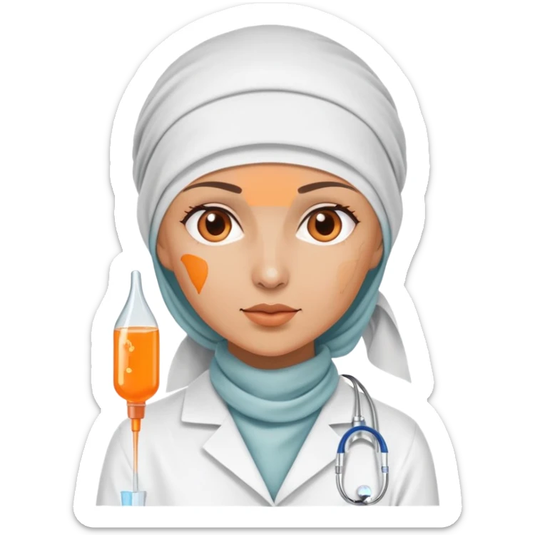 leukemia patient with headscarf and IV drip with doctor, orange ribbon symbol sticker