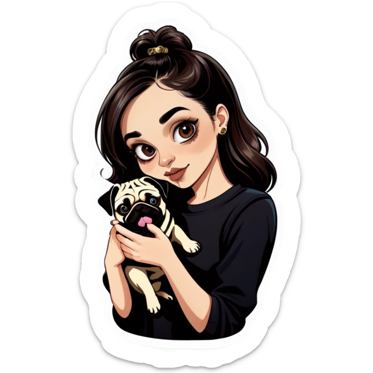 Beautiful young girl with choppy long dark brown hair flows over her her septum piercing is gold and shines as she holds her black phone and her large pug with an underbite layed beside her sticker