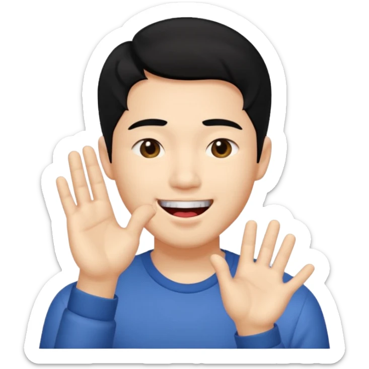 Asia guy black hair side part rubbing hand together and smirking with tongue out on the side sticker