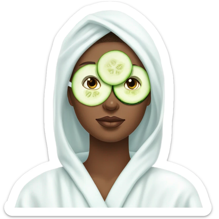 Girl with freackles Brown hair white skin and blue eyes wears Green colored texture skin care mask all over her face while She relaxes she puts on two mini round piece of cucumber on her closed eyes In a white Robe sticker