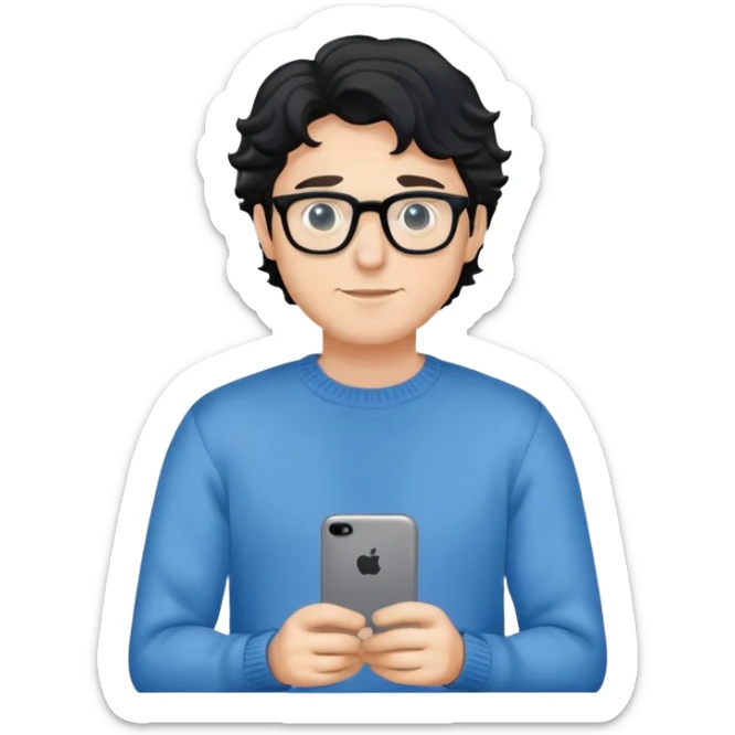 Caucasian man with black wavy hair wearing glasses and a long sleeve blue sweater sticker